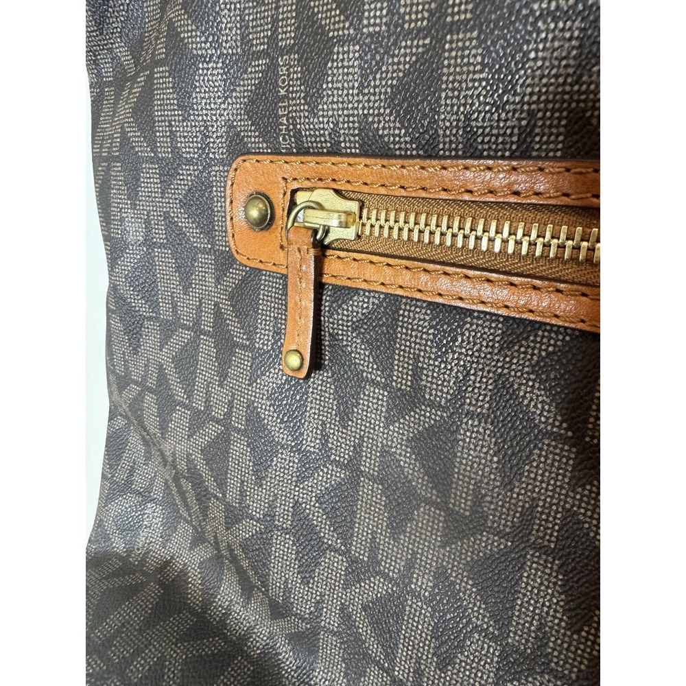 Michael Kors Tote Bag Womens Large Brown PVC Leather Shoulder Zip MK Logo Pocket - Picture 5 of 11
